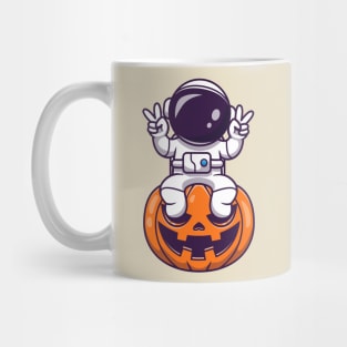 Cute Astronaut Sitting On Pumpkin Halloween With Peace Hand Cartoon Mug